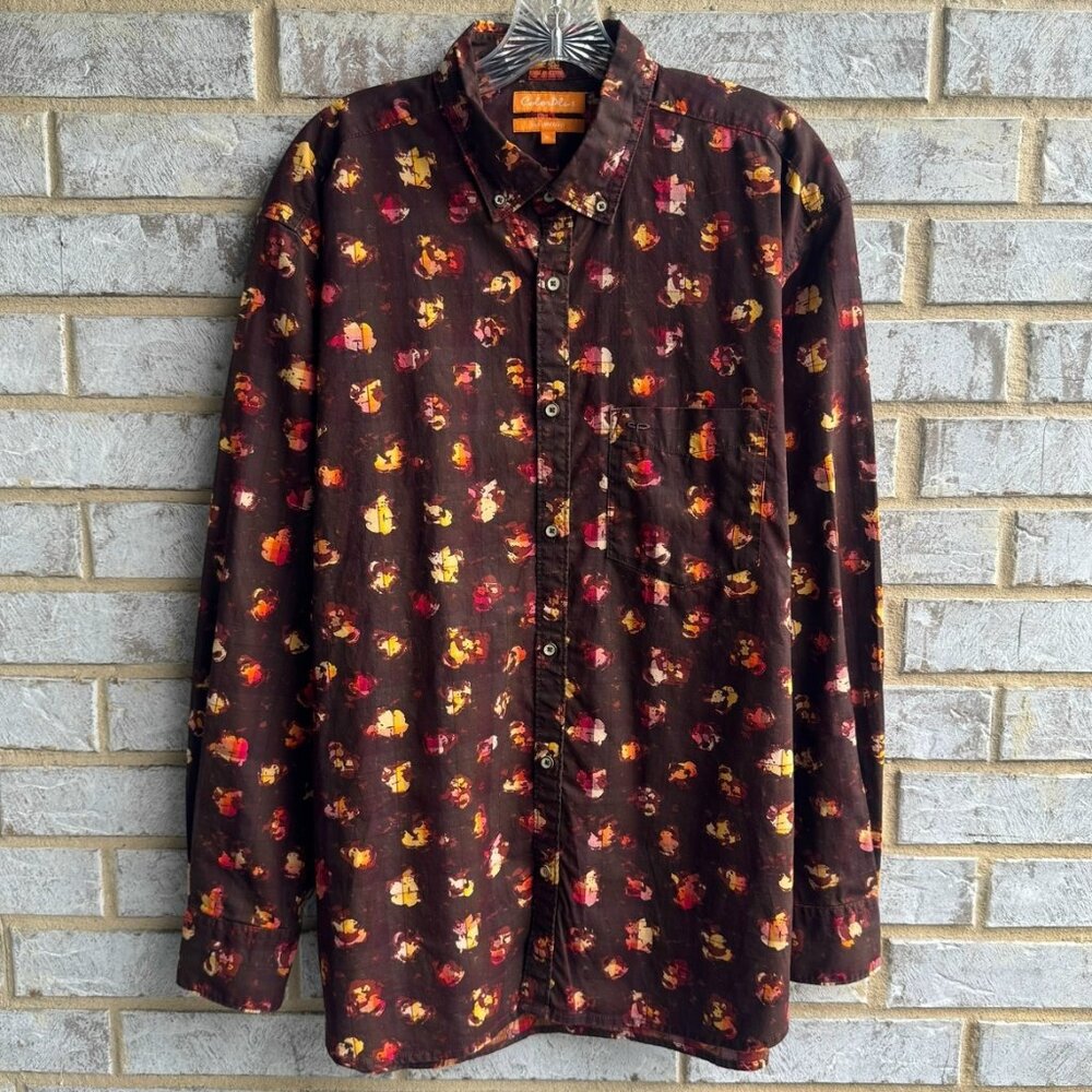 Color Plus Long Sleeve Button Up Collared Abstract Tailored Fit Shirt Size XL